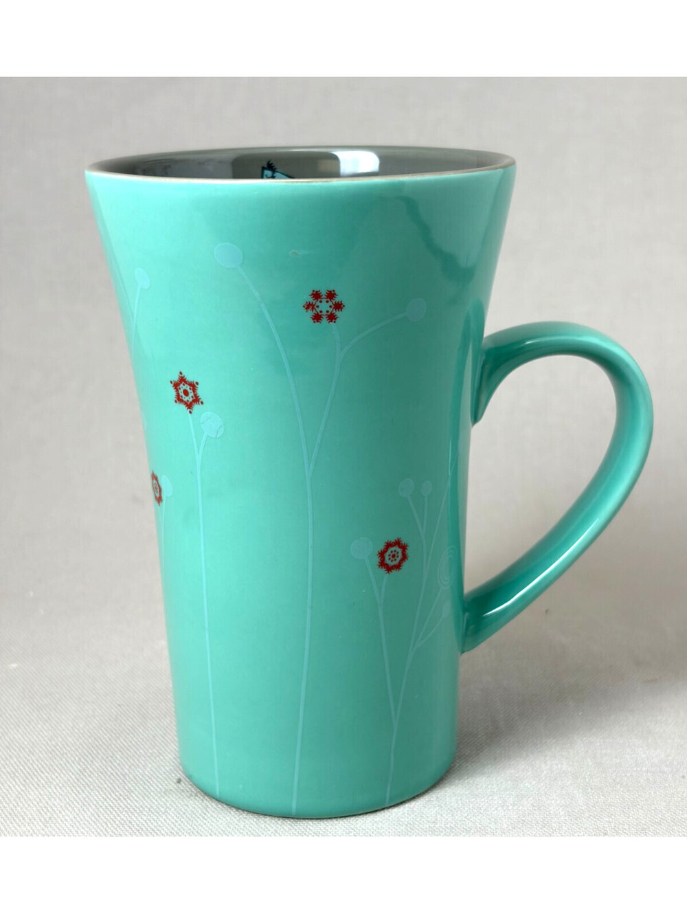 Caribou Coffee Tall Latte Mug Seafoam Teal Grey Snowflake Floral Ceramic Cup 16o
